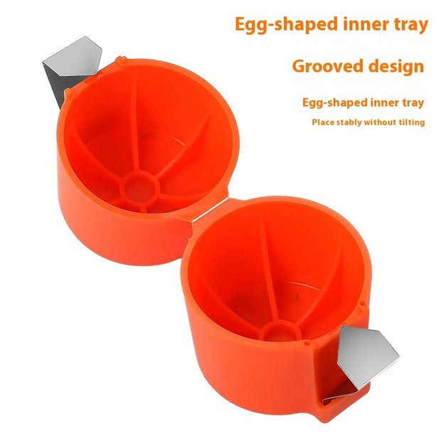 Egg cracker with egg-shaped inner tray for mess-free egg separation, featuring a grooved design and a compact structure.
