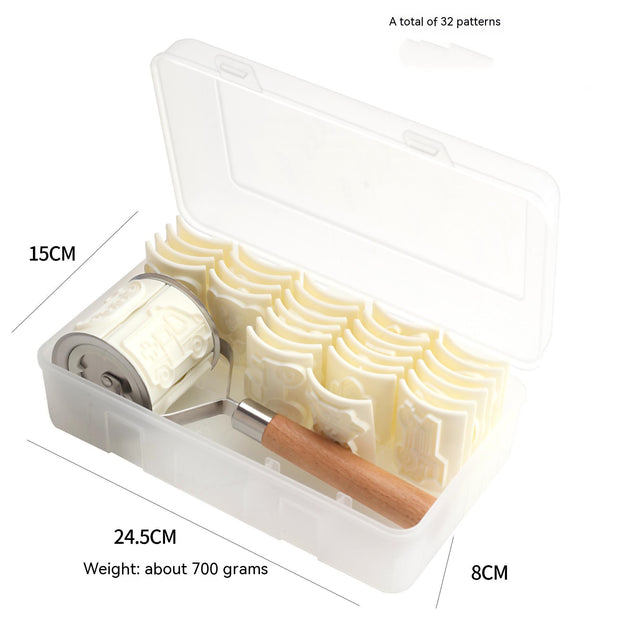 Roller bucket cartoon animal biscuit mold baking kitchen gadgets with 32 patterns in a storage case.