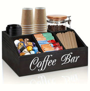 Durable wooden coffee capsule organizer for coffee bar, featuring compartments for capsules, cups, and accessories.