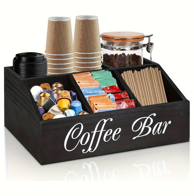 Durable wooden coffee capsule organizer for coffee bar, featuring compartments for capsules, cups, and accessories.