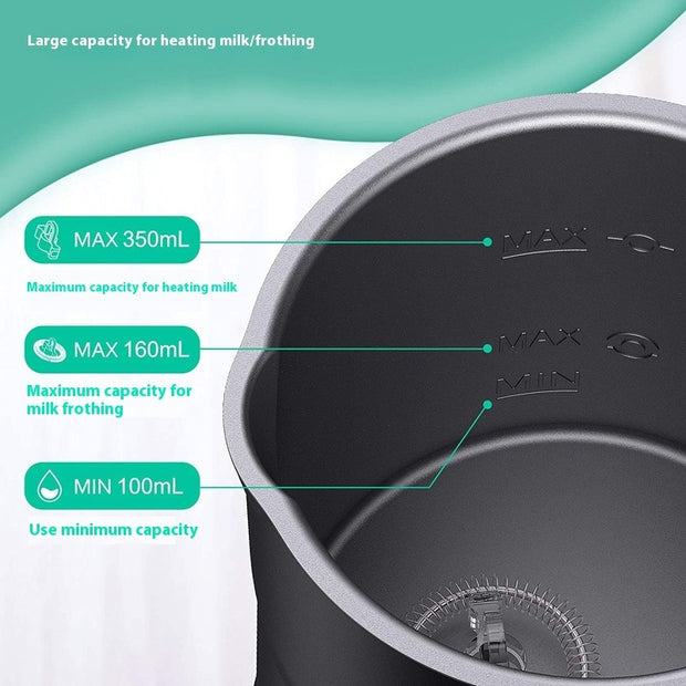 Image showing capacity markings for heating and frothing milk in an electric milk frother.