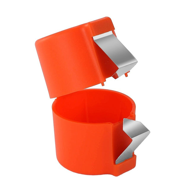 Mess-free egg cracker in vibrant orange color, designed for easy egg cracking and separation, efficient kitchen tool.