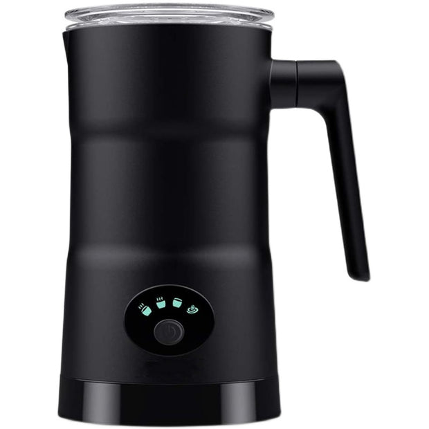 Electric milk frother in black with multiple buttons and a sleek design for easy operation.