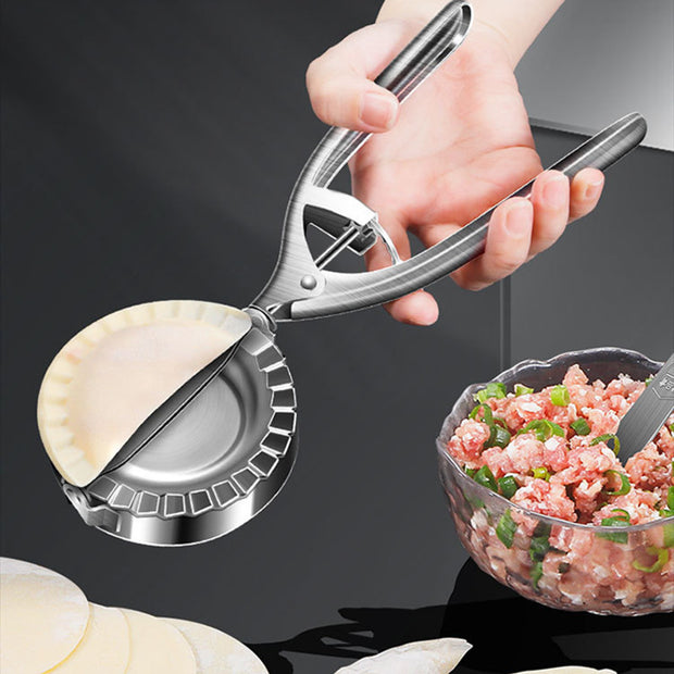 Kitchen dumpling mold in use, showcasing stainless steel pressing tool for perfect dumplings.