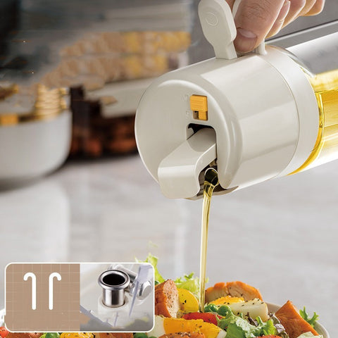 oil sprayer dispensing olive oil over a fresh salad, showcasing its automatic opening design and dual functionality.