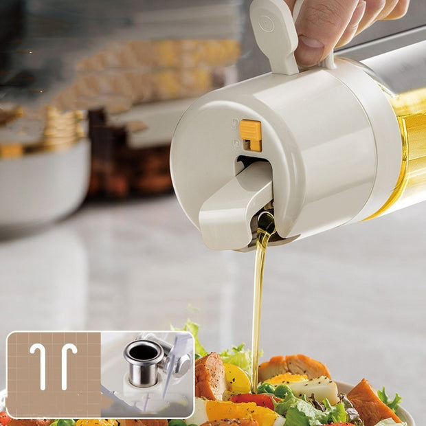 oil sprayer dispensing olive oil over a fresh salad, showcasing its automatic opening design and dual functionality.