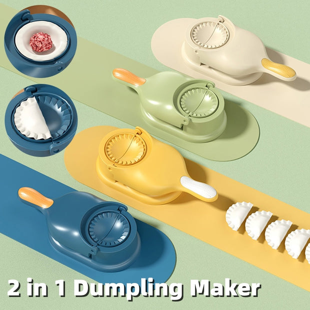 2 in 1 dumpling maker in various colors with filled and unfilled dumplings on a colorful surface.