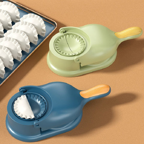 2 in 1 dumpling maker in green and blue colors, featuring a mould press tool for quick and easy dumpling creation.